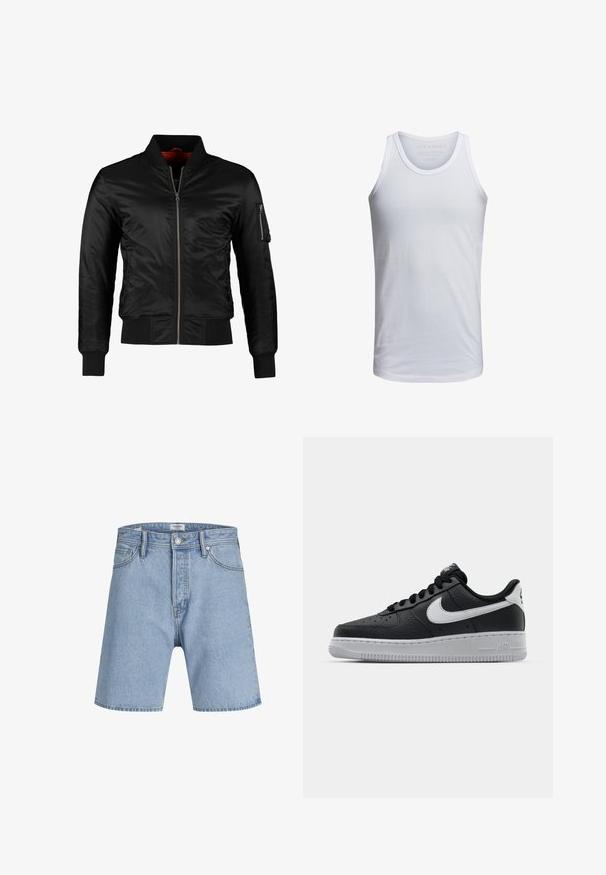 Veste bomber noire en nylon brillant avec une fermeture éclair à l'avant, des poignets côtelés et une poche zippée sur la manche gauche. L'intérieur est de couleur rouge vif.; Débardeur en coton blanc avec un col rond, des bretelles larges et un marquage minimal imprimé à l'intérieur du col. Texture douce, coupe décontractée.; Jack & Jones ITONY ORIGINAL - Short en jean - blue denim; Baskets en cuir noir avec surface texturée, swoosh Nike blanc, semelle grise, bout rond et design à lacets. Comprend des perforations sur la boîte à orteils.