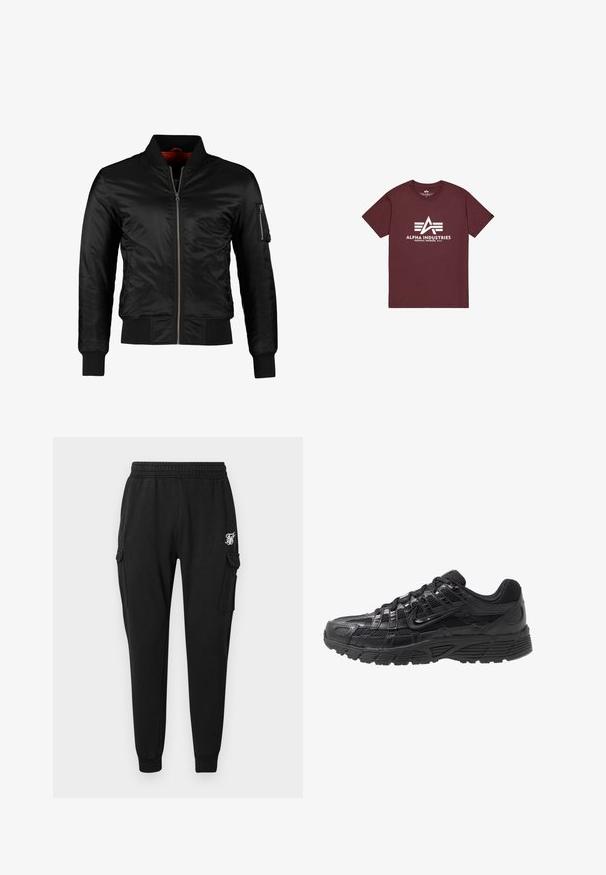 Chaqueta bomber negra hecha de nylon brillante con cierre frontal, puños acanalados y un bolsillo con cremallera en la manga izquierda. El interior es de un rojo brillante.; Camiseta burdeos de algodón con mangas cortas. Cuenta con un logo y texto en blanco, cuello redondo y dobladillo recto. Sin patrones ni detalles adicionales.; Pantalones cargo negros fabricados en un tejido suave, con una cinturilla elástica, bolsillos laterales y un logo discreto en el muslo. Diseño de corte recto.; Zapatilla deportiva negra con parte superior de malla y sintético, superficie texturizada, diseño de cordones y suela de goma con patrón para tracción.