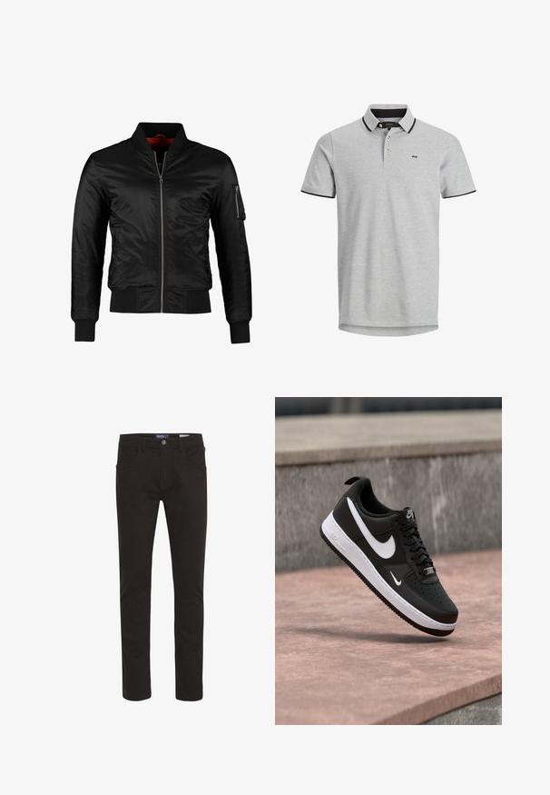 Veste bomber noire en nylon brillant avec une fermeture éclair à l'avant, des poignets côtelés et une poche zippée sur la manche gauche. L'intérieur est de couleur rouge vif.; Polo gris à manches courtes avec une patte de boutonnage à trois boutons, un col et des poignets de manches contrastants noirs, et un petit logo sur la poitrine gauche.; Pantalons en mélange de coton noir, coupe slim, avec une fermeture à bouton, cinq poches, et une texture lisse. Présente des détails de couture classiques.; Baskets Nike Air Force 1 noir et blanc suspendues au-dessus d'une surface en béton rose avec un fond en pierre grise.