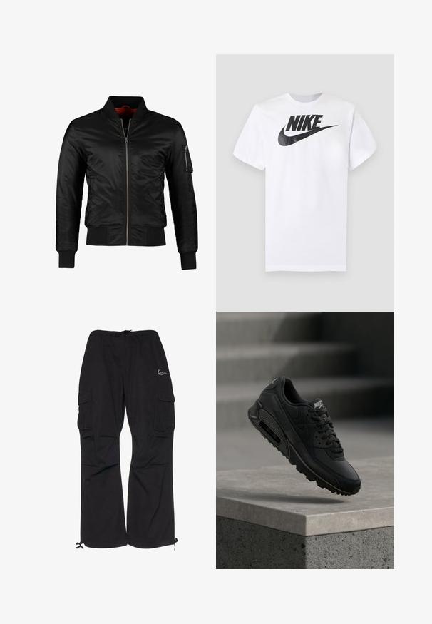 Sort bomberjakke lavet af skinnende nylon med frontlynlås, ribbede manchetter og en lynlåslomme på venstre ærme. Indersiden er lys rød.; Hvid T-shirt med korte ærmer med sort Nike-logo og swoosh centreret på brystet mod en ensfarvet grå baggrund.; Sorte cargobukser lavet af letvægtsstof, med elastisk talje med snøre, sidelommer og justerbare manchetter.; Sort Nike Air Max 90 sneaker har et kombineret materiale af læder og mesh, runde snørebånd og en synlig air-enhed i sålen.