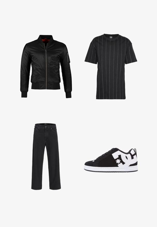 Schwarze Bomberjacke aus glänzendem Nylon mit einem Frontreißverschluss, gerippten Bündchen und einer Reißverschlusstasche am linken Ärmel. Das Innenfutter ist leuchtend rot.; Schwarzes T-Shirt mit kurzen Ärmeln, ausgestattet mit weißen vertikalen Streifen und einem Rundhalsausschnitt. Hergestellt aus einem weichen Baumwollmaterial.; Schwarze gerade geschnittene Jeans aus Denim mit Knopf- und Reißverschluss, Gürtelschlaufen sowie Vorder- und Gesäßtaschen.; Schwarzer Sneaker mit weißen Akzenten und Logo. Verfügt über eine runde Zehenpartie, eine gepolsterte Sohle, flache Schnürsenkel und ein glattes Obermaterial. Seitenansicht.