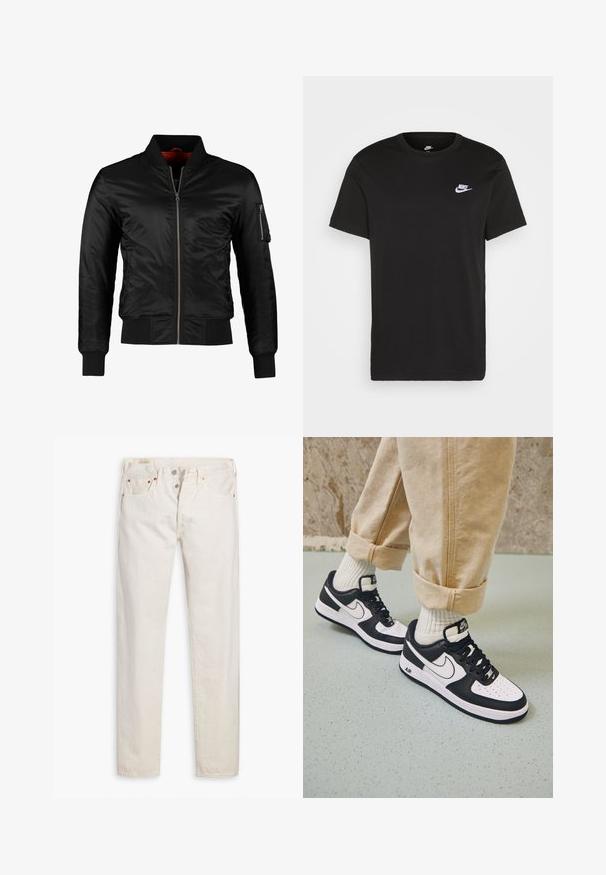 Schwarze Bomberjacke aus glänzendem Nylon mit einem Frontreißverschluss, gerippten Bündchen und einer Reißverschlusstasche am linken Ärmel. Das Innenfutter ist leuchtend rot.; Schwarzes Baumwoll-T-Shirt mit kurzen Ärmeln, Rundhals und kleinem weißem Nike-Logo auf der oberen linken Brust. Glatte Textur. Klassische Passform.; Helle, hoch geschnittene Slim-Fit-Jeans in Off-White mit Knopfverschluss, fünf Taschen und kupferfarbenen Nieten, flach auf einem weißen Hintergrund gelegt.; Schwarz-weiße Nike Air Force 1 Sneaker mit einem Obermaterial aus Leder, perforierter Zehenpartie und strukturiertem Sohlendesign, getragen mit aufgerollten beigen Hosen und weißen Socken.