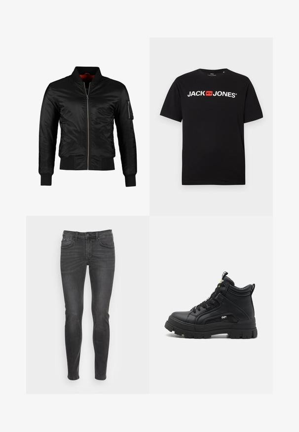 Schwarze Bomberjacke aus glänzendem Nylon mit einem Frontreißverschluss, gerippten Bündchen und einer Reißverschlusstasche am linken Ärmel. Das Innenfutter ist leuchtend rot.; Schwarzes Baumwoll-T-Shirt mit Rundhalsausschnitt, das weißen "JACK & JONES"-Text in fetter Schrift und einem roten Akzentfeld zeigt. Mit kurzen Ärmeln.; Schmal geschnittene schwarze Jeans mit glatter Textur, ausgestattet mit klassischem Fünf-Taschen-Design und sanften Ausbleichungen an der Vorderseite.; Schwarze hoch geschnittene Schuhe aus strukturiertem Leder, mit einer dicken Gummisohle, Schnürung vorne und einem kleinen Logodetail an der Seite.