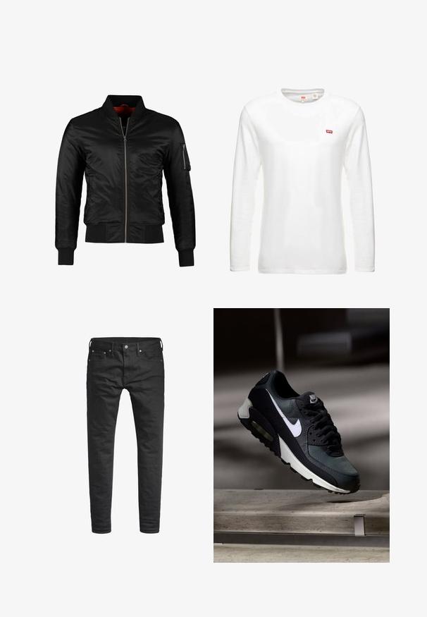 Veste bomber noire en nylon brillant avec une fermeture éclair à l'avant, des poignets côtelés et une poche zippée sur la manche gauche. L'intérieur est de couleur rouge vif.; T-shirt blanc à manches longues en coton, avec un col rond et un petit logo rouge Levi's sur la poitrine. Design simple et classique.; Jeans noirs slim-fit avec poches avant, passants de ceinture, et fermeture à bouton, présentés sur un fond blanc.; Baskets Nike Air Max noires et grises avec un logo blanc, suspendues au-dessus d'une surface en béton sur un fond sombre flou.