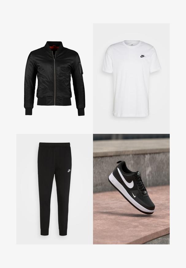 Sort bomberjakke lavet af skinnende nylon med frontlynlås, ribbede manchetter og en lynlåslomme på venstre ærme. Indersiden er lys rød.; Hvid bomulds T-shirt med rund hals, korte ærmer og et sort Nike-logo på venstre bryst. Enkel, ensfarvet design.; Sorte sweatpants lavet af blødt stof med elastisk talje og tætsiddende manchetter, med et lille hvidt Nike-logo på venstre lår.; Sort-hvid Nike Air Force 1 sneaker svævende over en lyserød betonflade med en grå stenbaggrund.