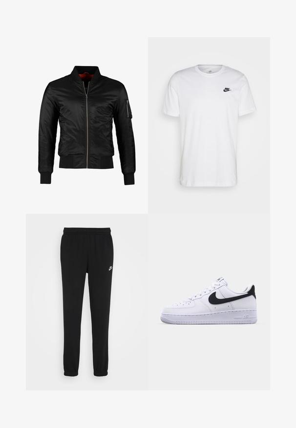 Sort bomberjakke lavet af skinnende nylon med frontlynlås, ribbede manchetter og en lynlåslomme på venstre ærme. Indersiden er lys rød.; Hvid bomulds T-shirt med rund hals, korte ærmer og et sort Nike-logo på venstre bryst. Enkel, ensfarvet design.; Sorte sweatpants med elastisk talje, ribbede ankler og et lille hvidt Nike-logo på venstre side. Fremstillet af blødt strukturstof.; Hvide lædersneakers med en struktureret sort Swoosh, flade snørebånd og en gummisål med et rillemønster. "AIR" er præget på hælen.