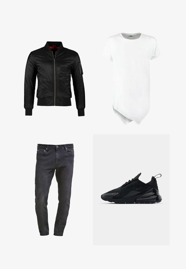 Schwarze Bomberjacke aus glänzendem Nylon mit einem Frontreißverschluss, gerippten Bündchen und einer Reißverschlusstasche am linken Ärmel. Das Innenfutter ist leuchtend rot.; Kurzärmliges weißes T-Shirt mit Rundhalsausschnitt und asymmetrischem Saum, aus einem Baumwollmischgewebe mit glatter Textur.; Schlanke schwarze Denim-Jeans im Slim-Fit mit fünf Taschen, Reißverschluss und subtilen Waschungen. Glatte Textur mit einem dunklen Waschfinish.; Schwarzer Nike Air Max 270 Sneaker mit strukturiertem Obermaterial, Mesh-Einsätzen und einer glänzenden Ferse mit einer auffälligen Luftpolsterungseinheit.