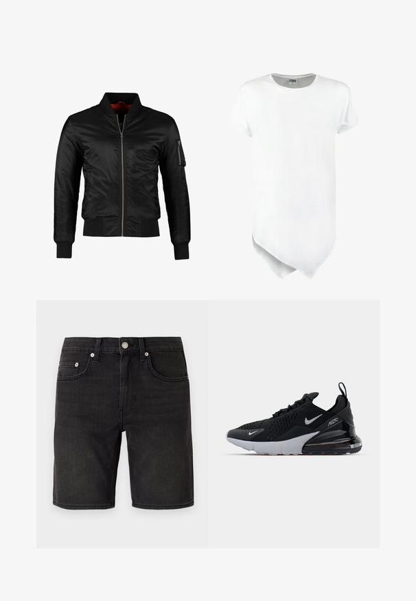 Veste bomber noire en nylon brillant avec une fermeture éclair à l'avant, des poignets côtelés et une poche zippée sur la manche gauche. L'intérieur est de couleur rouge vif.; T-shirt à manches courtes blanc avec un col rond et un ourlet asymétrique, fabriqué en tissu mélangé coton avec une texture lisse.; Shorts en denim noir avec un design classique à cinq poches, bouton en métal et détails de couture subtils. Texture lisse, coupe à la longueur du genou.; Chaussure de sport noire avec tige en mesh, semelle intermédiaire blanche et amorti visible dans le talon. Design élégant avec de subtils accents argentés.