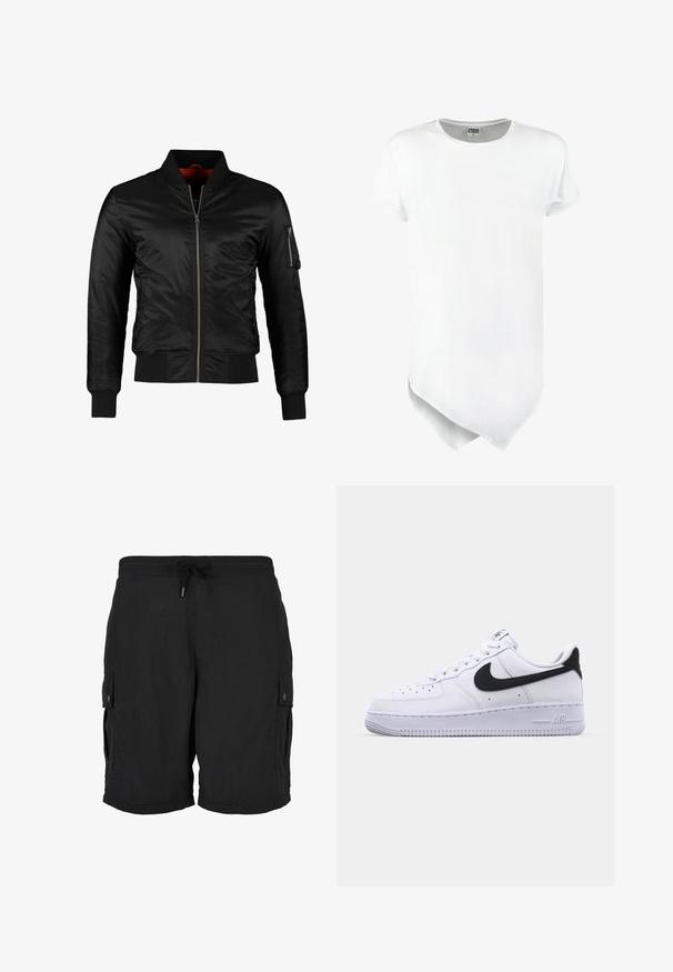 Sort bomberjakke lavet af skinnende nylon med frontlynlås, ribbede manchetter og en lynlåslomme på venstre ærme. Indersiden er lys rød.; Kortærmet hvid t-shirt med rund halsudskæring og en asymmetrisk nederste kant, lavet af bomuldsblanding med en glat tekstur.; Sorte cargoshorts med elastisk talje, justerbar snøre og knaplukning på sidelommerne.; Hvide lædersneakers med en struktureret sort Swoosh, flade snørebånd og en gummisål med et rillemønster. "AIR" er præget på hælen.