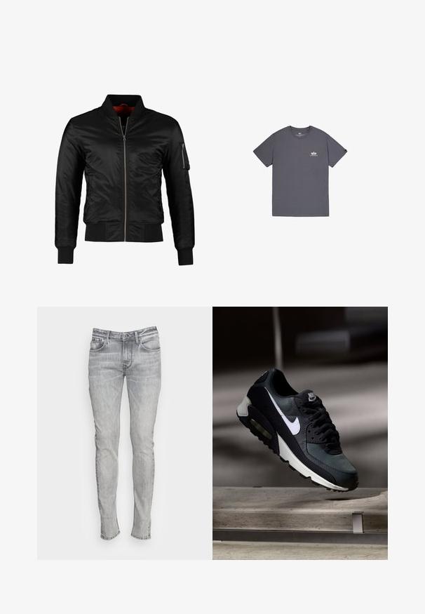 Sort bomberjakke lavet af skinnende nylon med frontlynlås, ribbede manchetter og en lynlåslomme på venstre ærme. Indersiden er lys rød.; Grå bomulds T-shirt med korte ærmer, rund hals og et lille logo trykt på brystet. Glat tekstur, afslappet pasform.; Smal passform grå denim jeans med fem lommer, en knaplukning og kontraststing. Stoffet har et let falmet og struktureret udseende.; Sort og grå Nike Air Max sneaker med hvid swoosh, ophængt over en betongulv mod en sløret mørk baggrund.