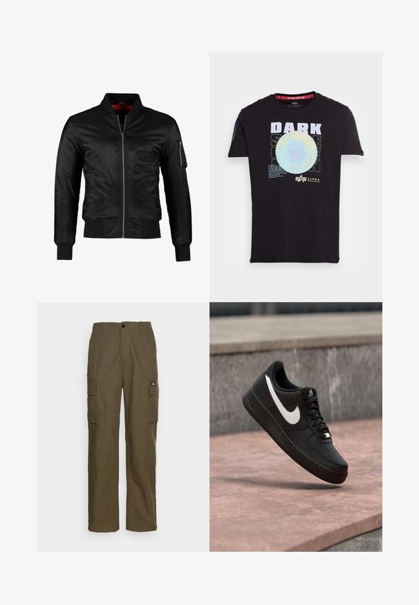 Chaqueta bomber negra hecha de nylon brillante con cierre frontal, puños acanalados y un bolsillo con cremallera en la manga izquierda. El interior es de un rojo brillante.; Camiseta de algodón negra con texto blanco audaz "LADO OSCURO DE LA LUNA" y un diseño circular colorido. Manga corta y cuello redondo.; Pantalones cargo en verde oliva, hechos de un tejido resistente. Presenta dos bolsillos laterales, una cintura estándar y un diseño de pierna recta.; Zapatilla Nike Air Force 1 negra con el logo de la marca en blanco, flotando sobre una superficie de piedra y un fondo de pared gris texturizada.