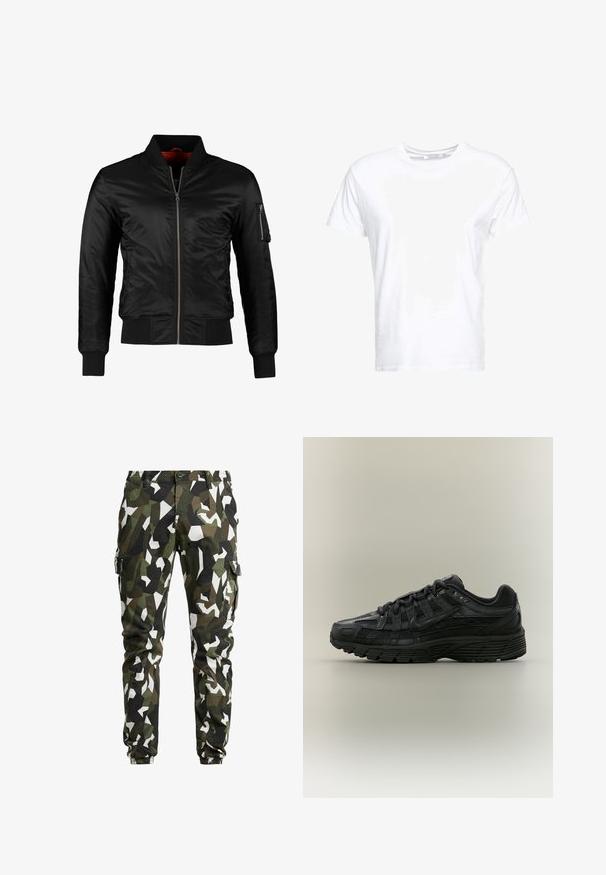Veste bomber noire en nylon brillant avec une fermeture éclair à l'avant, des poignets côtelés et une poche zippée sur la manche gauche. L'intérieur est de couleur rouge vif.; T-shirt en coton blanc avec un col rond et des manches courtes, au fit classique et à la texture lisse. Aucun motif ni accessoire visible.; Pantalons cargo camouflés en vert, marron et blanc. Présentent une coupe fuselée, de multiples poches et des poignets élastiques aux chevilles.; Chaussure de course Nike noire avec tige en mesh et synthétique, fermeture à lacets et semelle texturée, vue de côté gauche sur fond uni.