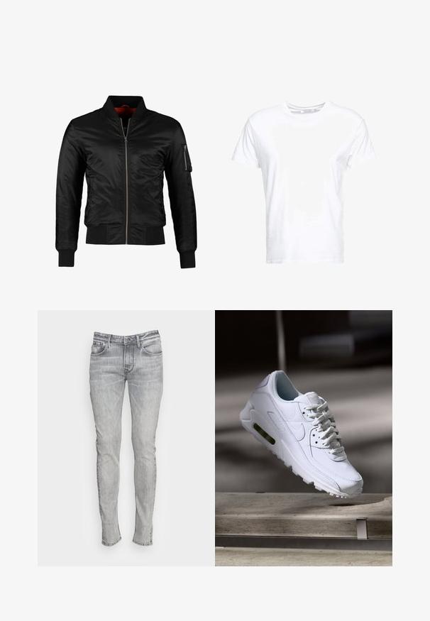 Schwarze Bomberjacke aus glänzendem Nylon mit einem Frontreißverschluss, gerippten Bündchen und einer Reißverschlusstasche am linken Ärmel. Das Innenfutter ist leuchtend rot.; Weißes Baumwoll-T-Shirt mit rundem Ausschnitt und kurzen Ärmeln, im klassischen Schnitt und mit glatter Textur. Keine sichtbaren Muster oder Hardware.; Slim-Fit graue Jeans aus Denim mit fünf Taschen, einem Knopfverschluss und kontrastierenden Nähten. Der Stoff hat ein leicht verblasstes und strukturiertes Aussehen.; Weiße Lederturnschuhe mit strukturierten Oberflächen, gepolstertem Kragen und sichtbarer Luftpolsterung in der Sohle. Verfügt über Schnürsenkel und ein minimalistisches Design.