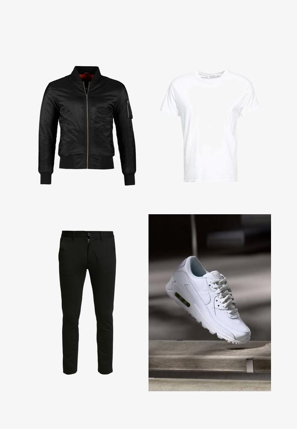 Schwarze Bomberjacke aus glänzendem Nylon mit einem Frontreißverschluss, gerippten Bündchen und einer Reißverschlusstasche am linken Ärmel. Das Innenfutter ist leuchtend rot.; Weißes Baumwoll-T-Shirt mit rundem Ausschnitt und kurzen Ärmeln, im klassischen Schnitt und mit glatter Textur. Keine sichtbaren Muster oder Hardware.; Schwarze, taillierte Hose aus einem weichen Stoff. Mit einem Reißverschluss und einem Knopfverschluss, zwei Eingrifftaschen und einer sauberen, glatten Oberfläche.; Weiße Lederturnschuhe mit strukturierten Oberflächen, gepolstertem Kragen und sichtbarer Luftpolsterung in der Sohle. Verfügt über Schnürsenkel und ein minimalistisches Design.