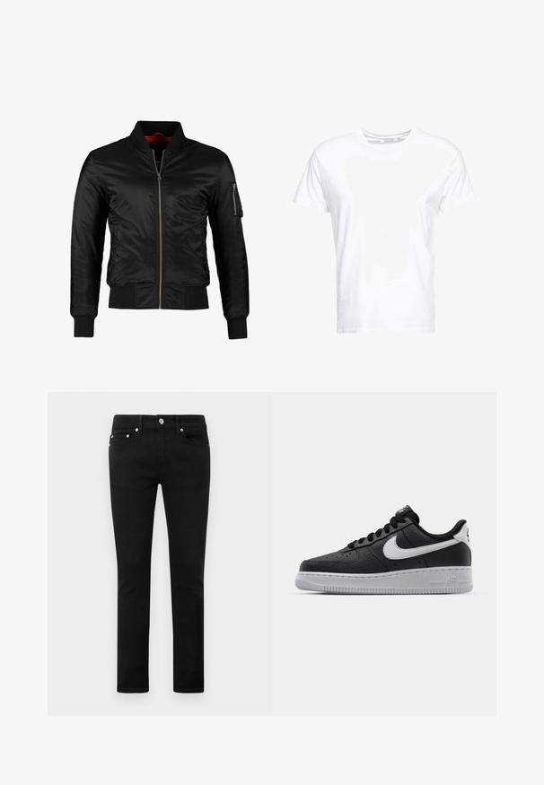 Sort bomberjakke lavet af skinnende nylon med frontlynlås, ribbede manchetter og en lynlåslomme på venstre ærme. Indersiden er lys rød.; Hvid bomulds t-shirt med rund halsudskæring og korte ærmer, i en klassisk pasform og glat tekstur. Ingen mønstre eller hardware synlige.; Sorte tætsiddende jeans med fem lommer, metalknap og bæltestropper, præsenteret fladt på en hvid baggrund.; Sort lædersneaker med tekstureret overflade, hvid Nike swoosh, grå sål, rund tå og snørebåndsdesign. Har perforeringer på tåboksen.