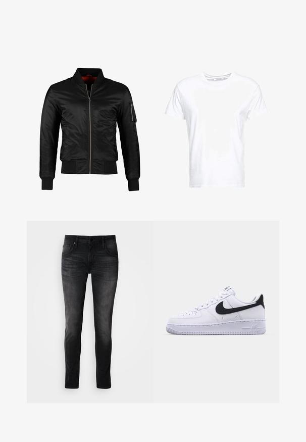 Schwarze Bomberjacke aus glänzendem Nylon mit einem Frontreißverschluss, gerippten Bündchen und einer Reißverschlusstasche am linken Ärmel. Das Innenfutter ist leuchtend rot.; Weißes Baumwoll-T-Shirt mit rundem Ausschnitt und kurzen Ärmeln, im klassischen Schnitt und mit glatter Textur. Keine sichtbaren Muster oder Hardware.; Schwarze Denim-Jeans im Slim-Fit-Schnitt, mit fünf Taschen, dezentem Used-Look und Kontrastnähten. Ausgestattet mit klassischem Metallknopf und Reißverschluss.; Weißes Leder-Sneaker mit einem strukturierten schwarzen Swoosh, flachen Schnürsenkeln und einer Gummisohle mit genoppetem Muster. "AIR" ist auf der Ferse eingeprägt.
