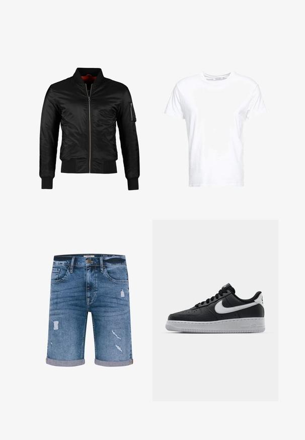 Sort bomberjakke lavet af skinnende nylon med frontlynlås, ribbede manchetter og en lynlåslomme på venstre ærme. Indersiden er lys rød.; Hvid bomulds t-shirt med rund halsudskæring og korte ærmer, i en klassisk pasform og glat tekstur. Ingen mønstre eller hardware synlige.; Denimshorts i medium blå med distressed detaljer, opsmøgede kant, fem lommer og metalknaplukning. Standard pasform.; Sort lædersneaker med tekstureret overflade, hvid Nike swoosh, grå sål, rund tå og snørebåndsdesign. Har perforeringer på tåboksen.