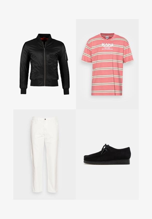 Must värviline bomber-jakk, mis on valmistatud läikivast nailonist, esiküljel lukk, ribatud mansetid ja vasakul varrukal tõmblukuga tasku. Siseosa on erkspunane.; Karl Kani RETRO STRIPE TEE UNISEX - Trükipildiga T-särk - rose; Valged puuvillased püksid sirge sääre disainiga, ees taskud, ühe nööbiga kinnitamine ja pehme tekstuur.; Mustad nahast mustad kingad, ümmarguse varba disainiga, nööridega esiosaga ja tekstureeritud musta kummitaldaga. Siledast pealsest materjalist, peene õmbluse detailiga.
