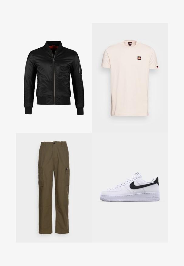 Sort bomberjakke lavet af skinnende nylon med frontlynlås, ribbede manchetter og en lynlåslomme på venstre ærme. Indersiden er lys rød.; Kortærmet beige t-shirt lavet af bomuld, med et lille sort og rødt logo patch på venstre bryst og logo detaljer på ærmerne.; Cargo bukser i olivengrøn, lavet af slidstærkt stof. Har to sidelommer, en standard talje og en lige ben design.; Hvide lædersneakers med en struktureret sort Swoosh, flade snørebånd og en gummisål med et rillemønster. "AIR" er præget på hælen.