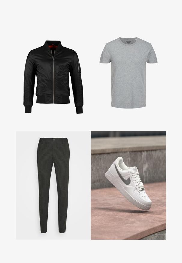 Veste bomber noire en nylon brillant avec une fermeture éclair à l'avant, des poignets côtelés et une poche zippée sur la manche gauche. L'intérieur est de couleur rouge vif.; T-shirt gris à manches courtes en coton doux. Doté d'un col ras du cou classique et d'une coupe régulière. Design simple sans motifs ni accents.; Pantalons à fines rayures gris foncé avec une coupe ajustée, dotés d'une taille standard et d'une fermeture à un bouton. Texture lisse et design sur mesure.; Baskets blanches Nike Air Force 1 avec logo swoosh gris flottant au-dessus d'une surface en pierre et un mur en pierre gris en arrière-plan.