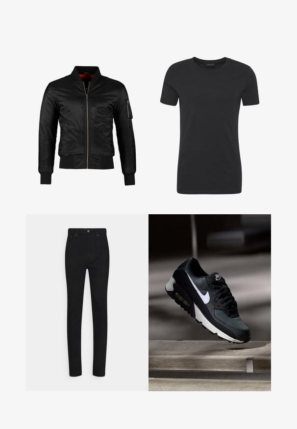 Sort bomberjakke lavet af skinnende nylon med frontlynlås, ribbede manchetter og en lynlåslomme på venstre ærme. Indersiden er lys rød.; Sort bomulds t-shirt med rund halsudskæring, korte ærmer og regular fit. Har en glat overflade og minimalistisk design.; Sorte denim skinny jeans med høj talje, der har en frontknaplukning og fem lommer. Glat tekstur og skræddersyet pasform.; Sort og grå Nike Air Max sneaker med hvid swoosh, ophængt over en betongulv mod en sløret mørk baggrund.