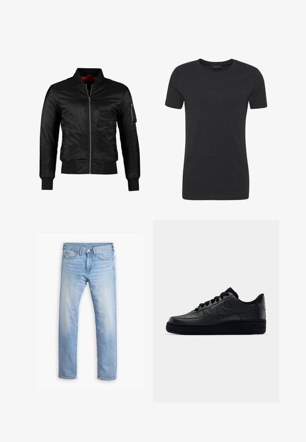 Veste bomber noire en nylon brillant avec une fermeture éclair à l'avant, des poignets côtelés et une poche zippée sur la manche gauche. L'intérieur est de couleur rouge vif.; T-shirt en coton noir avec un col rond, des manches courtes et une coupe régulière. Caractérisé par une texture lisse et un design minimaliste.; Jean en denim bleu clair avec une coupe droite, cinq poches et un bouton de fermeture. Présente un léger délavage et des accents de couture orange.; Baskets Nike Air Force 1 noires avec un dessus en cuir lisse, bout perforé pour la respirabilité, lacets noirs et semelle en caoutchouc texturé.