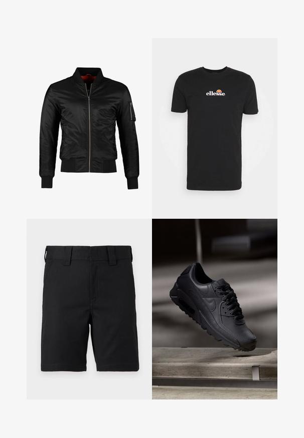 Chaqueta bomber negra hecha de nylon brillante con cierre frontal, puños acanalados y un bolsillo con cremallera en la manga izquierda. El interior es de un rojo brillante.; Camiseta de algodón negra con cuello redondo, mangas cortas y un logo blanco con un acento naranja cerca del escote.; Pantalones cortos negros hasta la rodilla con trabillas para cinturón y bolsillos frontales, hechos de tela resistente, mostrados sobre un fondo blanco.; Zapatillas Nike Air Max negras con parte superior de cuero texturizado, suela de goma y un sistema de cordones prominente, que muestran un diseño elegante y moderno.