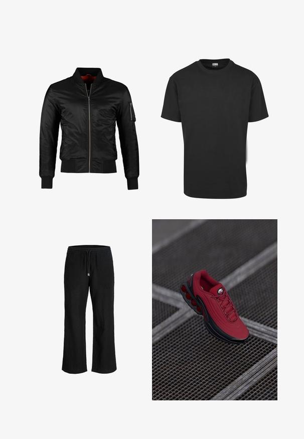 Schwarze Bomberjacke aus glänzendem Nylon mit einem Frontreißverschluss, gerippten Bündchen und einer Reißverschlusstasche am linken Ärmel. Das Innenfutter ist leuchtend rot.; Schwarzes Baumwoll-T-Shirt mit kurzen Ärmeln, rundem Ausschnitt und normaler Passform. Der Stoff wirkt glatt und unverziert.; Schwarze weite Hose mit elastischem Bund und Kordelzug, aus leichtem, strukturiertem Stoff.; Rote Sneaker mit strukturiertem Obermaterial, ausgestattet mit schwarzen Akzenten und einem auffälligen Luftpolstersohlen-Design. Schnürsenkel und Logo sind oben sichtbar.