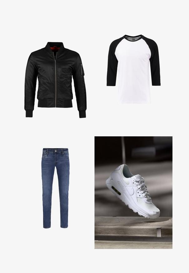 Sort bomberjakke lavet af skinnende nylon med frontlynlås, ribbede manchetter og en lynlåslomme på venstre ærme. Indersiden er lys rød.; Hvid kortærmet T-shirt med sorte raglanærmer, lavet af bomuld, med en rund halsudskæring og en glat overflade.; Slim-fit blå denim jeans til mænd med knap- og lynlåslukning, for- og baglommer samt subtile blege detaljer.; Hvide Nike Air Max 90 sneakers med en overdel i mesh og læder, perforeret tåboks og en synlig luftenhed i hælen.