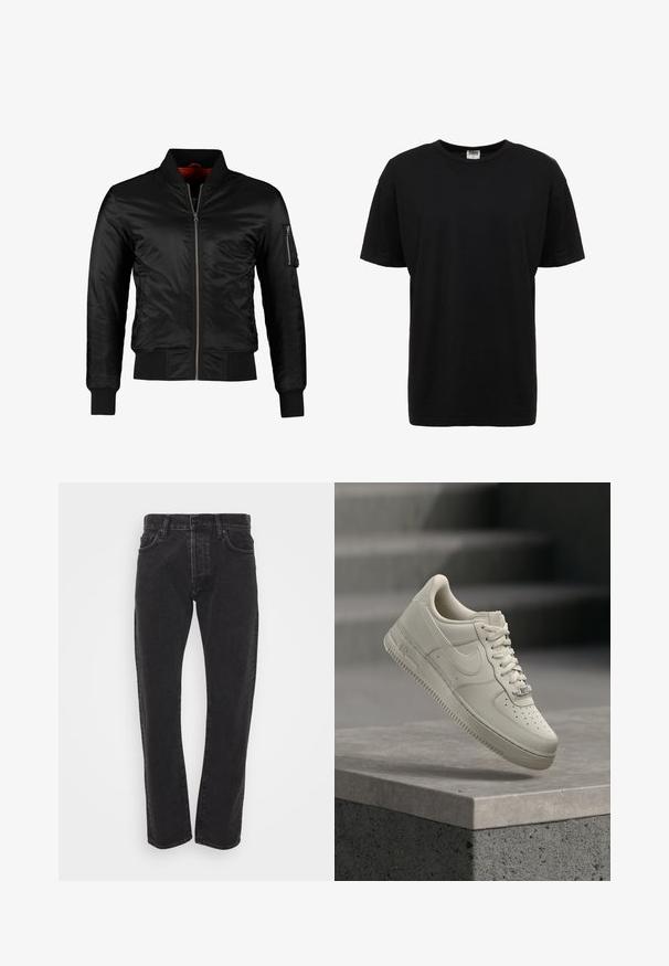Μαύιο μπουφάν πιλότου από γυαλιστερό νάιλον με μπροστινό φερμουάρ, ριμπ μανσέτες και τσέπη με φερμουάρ στο αριστερό μανίκι. Η εσωτερική του πλευρά είναι φωτεινά κόκκινη.; Μαύρη βαμβακερή μπλούζα με στρογγυλή λαιμόκοψη, κοντά μανίκια, κανονική εφαρμογή, ομαλή υφή και χωρίς ορατά μοτίβα ή διακοσμητικά.; Ανδρικά μαύρα τζιν παντελόνια κατευθείαν γραμμής με κουμπί μπροστά και φερμουάρ, πέντε τσέπες και θηλιές ζώνης σε λευκό φόντο.; Μοναδικό μπεζ αθλητικό παπούτσι με κορδόνια αιωρείται πάνω από γκρι τσιμεντένια επιφάνεια, το λογότυπο της Nike ορατό, το φόντο με τη σκάλα είναι θολό.
