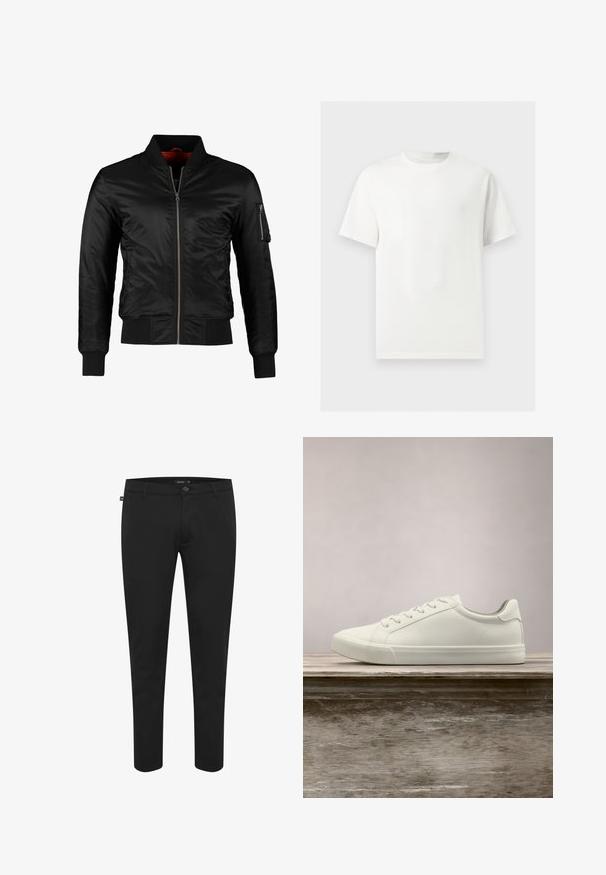 Veste bomber noire en nylon brillant avec une fermeture éclair à l'avant, des poignets côtelés et une poche zippée sur la manche gauche. L'intérieur est de couleur rouge vif.; T-shirt blanc uni à manches courtes et col rond présenté sur un fond gris clair.; Pantalon noir en tissu lisse. Dispose d'une fermeture à bouton, de passants de ceinture, et d'une coupe slim avec des jambes fuselées. Pas de motifs visibles.; Sneaker en dentelle blanche flottant au-dessus d'un banc en bois avec un feuillage vert en arrière-plan, mettant en valeur le design et la texture de la chaussure.