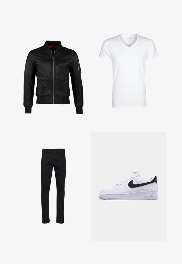 Schwarze Bomberjacke aus glänzendem Nylon mit einem Frontreißverschluss, gerippten Bündchen und einer Reißverschlusstasche am linken Ärmel. Das Innenfutter ist leuchtend rot.; Weißes V-Ausschnitt-T-Shirt aus weichem Baumwollmaterial. Kurze Ärmel, entspannte Passform und minimale Nähte. Keine Muster oder Grafiken vorhanden.; Schwarze Denim-Jeans mit slim Fit, klassischem Fünf-Taschen-Design, robusten Nähten und einem Reißverschluss mit Knopfverschluss.; Weißes Leder-Sneaker mit einem strukturierten schwarzen Swoosh, flachen Schnürsenkeln und einer Gummisohle mit genoppetem Muster. "AIR" ist auf der Ferse eingeprägt.