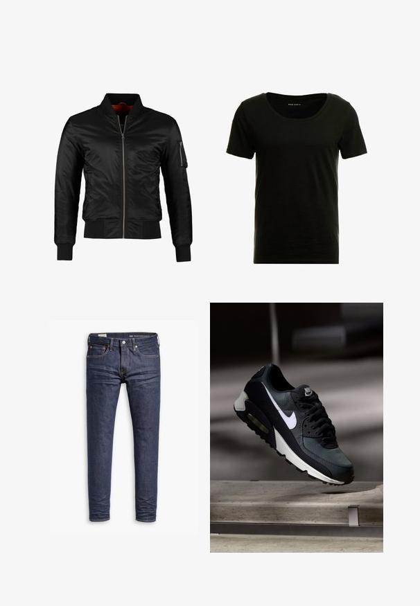 Veste bomber noire en nylon brillant avec une fermeture éclair à l'avant, des poignets côtelés et une poche zippée sur la manche gauche. L'intérieur est de couleur rouge vif.; T-shirt noir à manches courtes avec un décolleté arrondi, texture douce et coupe décontractée. Fabriqué en matière légère et respirante.; Jean slim-fit Levi's Performance bleu foncé avec cinq poches et coutures visibles sur fond blanc.; Baskets Nike Air Max noires et grises avec un logo blanc, suspendues au-dessus d'une surface en béton sur un fond sombre flou.