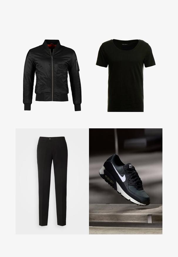 Veste bomber noire en nylon brillant avec une fermeture éclair à l'avant, des poignets côtelés et une poche zippée sur la manche gauche. L'intérieur est de couleur rouge vif.; T-shirt noir à manches courtes avec un décolleté arrondi, texture douce et coupe décontractée. Fabriqué en matière légère et respirante.; Pantalons droits noirs en tissu lisse, dotés d'une fermeture à bouton et de poches latérales avec un design classique.; Baskets Nike Air Max noires et grises avec un logo blanc, suspendues au-dessus d'une surface en béton sur un fond sombre flou.