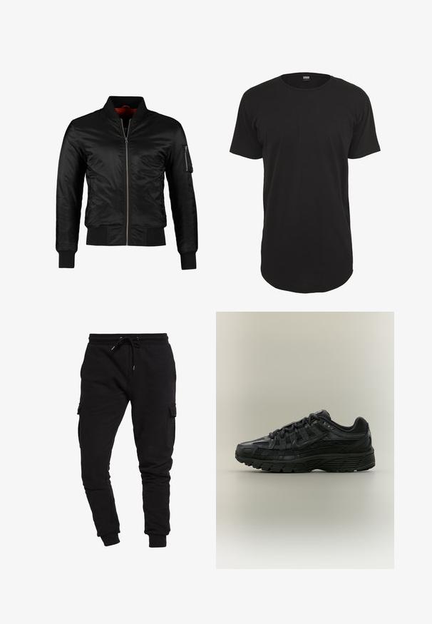 Μαύιο μπουφάν πιλότου από γυαλιστερό νάιλον με μπροστινό φερμουάρ, ριμπ μανσέτες και τσέπη με φερμουάρ στο αριστερό μανίκι. Η εσωτερική του πλευρά είναι φωτεινά κόκκινη.; Μαύρο κοντομάνικο μπλουζάκι από βαμβάκι. Διαθέτει στρογγυλή λαιμόκοψη και ίσια γραμμή με ελαφρώς πιο μακριά ραφή στο πίσω μέρος. Μαλακή υφή.; Μαύρο βαμβακερό παντελόνι joggers με στενή απαλή εφαρμογή, ρυθμιζόμενη μέση με κορδόνι και πλάγιες τσέπες cargo. Απαλή υφή και ελαστικές μανσέτες στους αστραγάλους.; Μαύρο παπούτσι τρεξίματος Nike με επάνω μέρος από δίχτυ και συνθετικό υλικό, κούμπωμα με κορδόνια και υφή στη σόλα, εμφανιζόμενο από αριστερή πλευρική όψη σε απλό φόντο.