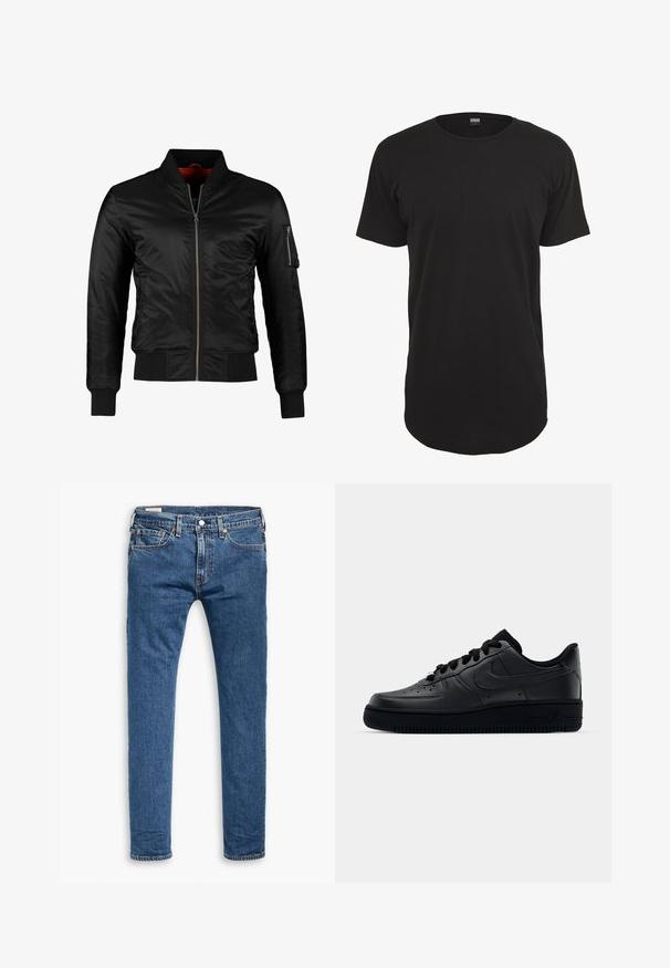 Veste bomber noire en nylon brillant avec une fermeture éclair à l'avant, des poignets côtelés et une poche zippée sur la manche gauche. L'intérieur est de couleur rouge vif.; T-shirt noir à manches courtes en coton. Présente un col rond et une coupe droite avec un ourlet arrière légèrement plus long. Texture douce.; Jeans slim fit en denim bleu avec cinq poches, bouton avant et passants de ceinture, présentés à plat sur un fond blanc.; Baskets Nike Air Force 1 noires avec un dessus en cuir lisse, bout perforé pour la respirabilité, lacets noirs et semelle en caoutchouc texturé.