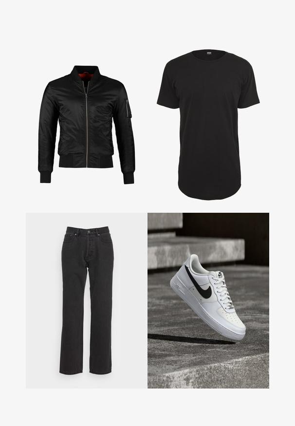 Chaqueta bomber negra hecha de nylon brillante con cierre frontal, puños acanalados y un bolsillo con cremallera en la manga izquierda. El interior es de un rojo brillante.; Camiseta negra de manga corta hecha de algodón. Presenta un cuello redondo y un corte recto con un dobladillo trasero ligeramente más largo. Textura suave.; Jeans de denim negro con un diseño de pierna recta, que cuentan con un cierre de botón frontal, lazos para cinturón y dos bolsillos laterales. Tejido texturizado.; Zapatilla blanca Nike Air Force 1 con el logo Swoosh negro, cordones atados, posicionada en el aire sobre una superficie de concreto texturizado al aire libre.