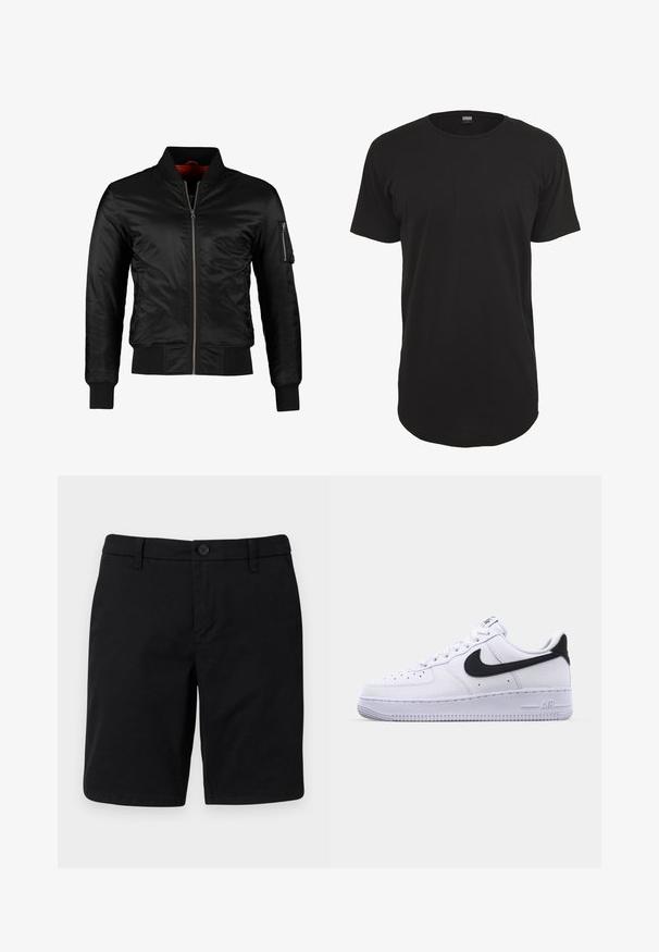 Veste bomber noire en nylon brillant avec une fermeture éclair à l'avant, des poignets côtelés et une poche zippée sur la manche gauche. L'intérieur est de couleur rouge vif.; T-shirt noir à manches courtes en coton. Présente un col rond et une coupe droite avec un ourlet arrière légèrement plus long. Texture douce.; Shorts noirs longueur genou avec fermeture par boutons, passants pour ceinture et un design simple sur fond clair.; Sneaker en cuir blanc avec un Swoosh noir texturé, des lacets plats et une semelle en caoutchouc avec un motif strié. "AIR" est embossé sur le talon.