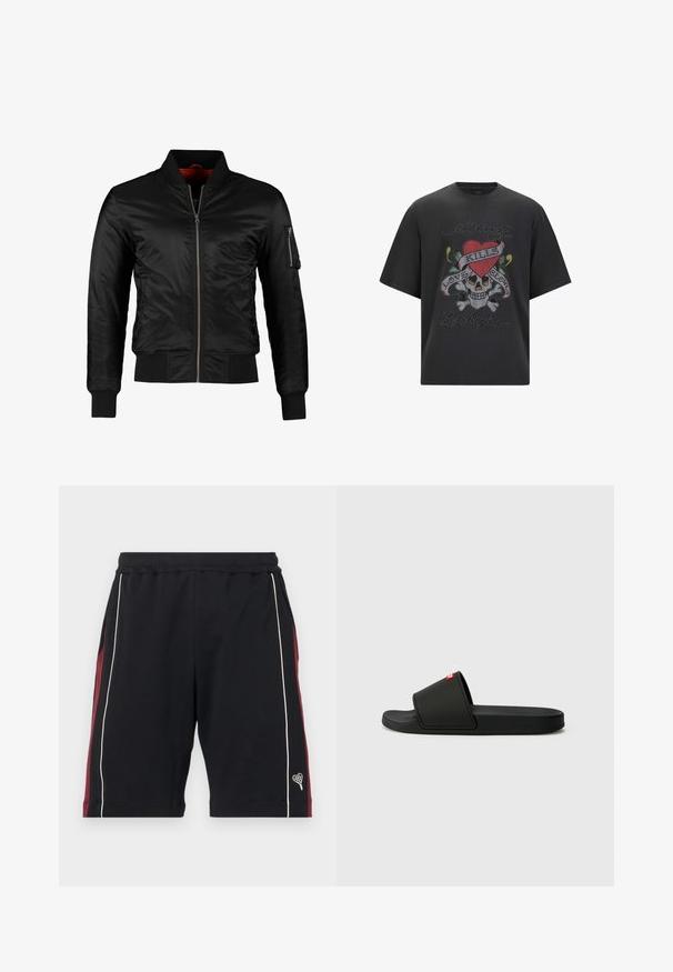Sort bomberjakke lavet af skinnende nylon med frontlynlås, ribbede manchetter og en lynlåslomme på venstre ærme. Indersiden er lys rød.; Sort grafisk t-shirt med et skelet, rødt hjerte og teksten "Love Kills", prydet med farverige rhinsten og et løst fit design.; Sorte shorts lavet af blødt stof, med maroon sidelængder, hvid piping og et lille hjerte-logo ved kanten. Elastisk talje for komfort.; Sorte skridsandaler med en formet sål, glatte plastikstropper og en rød logo accentering på overdelen. Minimalistisk design og flad sål.
