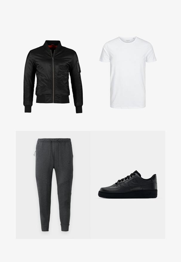 Schwarze Bomberjacke aus glänzendem Nylon mit einem Frontreißverschluss, gerippten Bündchen und einer Reißverschlusstasche am linken Ärmel. Das Innenfutter ist leuchtend rot.; Rundhals-T-Shirt mit kurzen Ärmeln in reinem Weiß, aus weicher Baumwolle, mit einem schlichten Design ohne sichtbare Muster oder Akzente.; Dunkelgraue Nike Jogginghosen mit Kordelzugbund, seitlichem Reißverschlusstaschen, schmal zulaufenden Beinen und gerippten Bündchen auf einem weißen Hintergrund.; Schwarzer Nike Air Force 1 Schuh mit einem glatten Lederoberteil, perforierter Zehenpartie für Atmungsaktivität, schwarzen Schnürsenkeln und einer strukturierten Gummisohle.