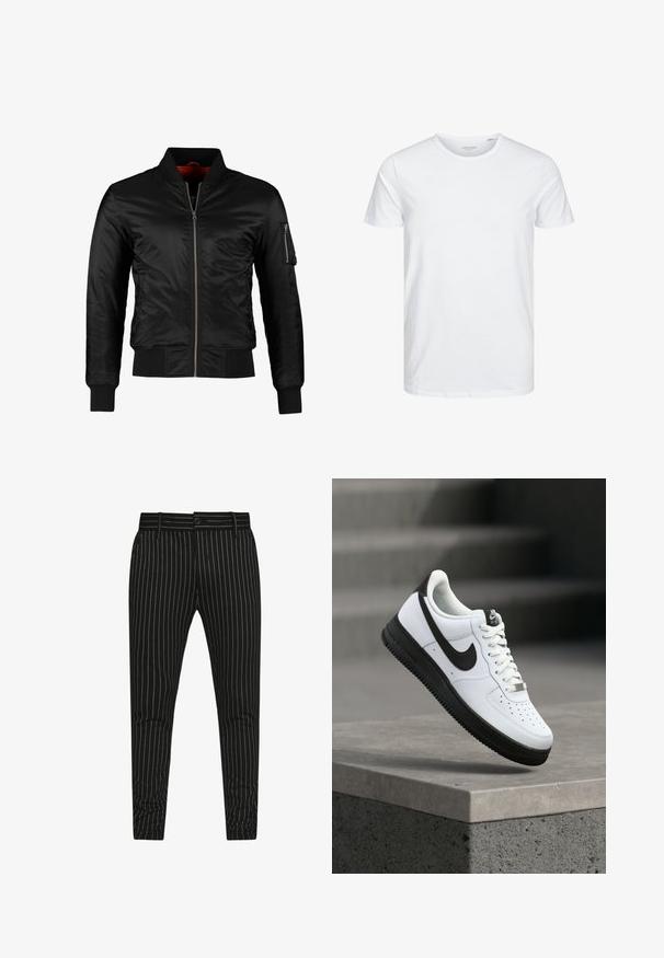 Sort bomberjakke lavet af skinnende nylon med frontlynlås, ribbede manchetter og en lynlåslomme på venstre ærme. Indersiden er lys rød.; Rundhals kortærmet t-shirt i ensfarvet hvid, lavet af blød bomuld, har et simpelt design uden synlige mønstre eller detaljer.; Sorte stribede bukser med lodrette hvide striber, i en slim fit-design, og med knaplukning samt bæltestropper for justerbar pasform.; Hvid lædersneaker med sorte detaljer, rundet tå og perforerede detaljer. Sort gummisål med tekstureret mønster og snørelukning.
