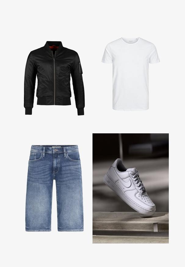 Veste bomber noire en nylon brillant avec une fermeture éclair à l'avant, des poignets côtelés et une poche zippée sur la manche gauche. L'intérieur est de couleur rouge vif.; T-shirt à col rond à manches courtes de couleur blanche unie, fabriqué en coton doux, avec un design simple sans motifs ni accents visibles.; Shorts en denim bleu clair, avec une coupe classique, cinq poches, fermeture à bouton et un léger dégradé sur le tissu pour une texture.; La basket Nike Air Force 1 en cuir blanc présente un embout perforé, des lacets plats et une semelle en caoutchouc texturée avec le logo « AIR » sur le côté.