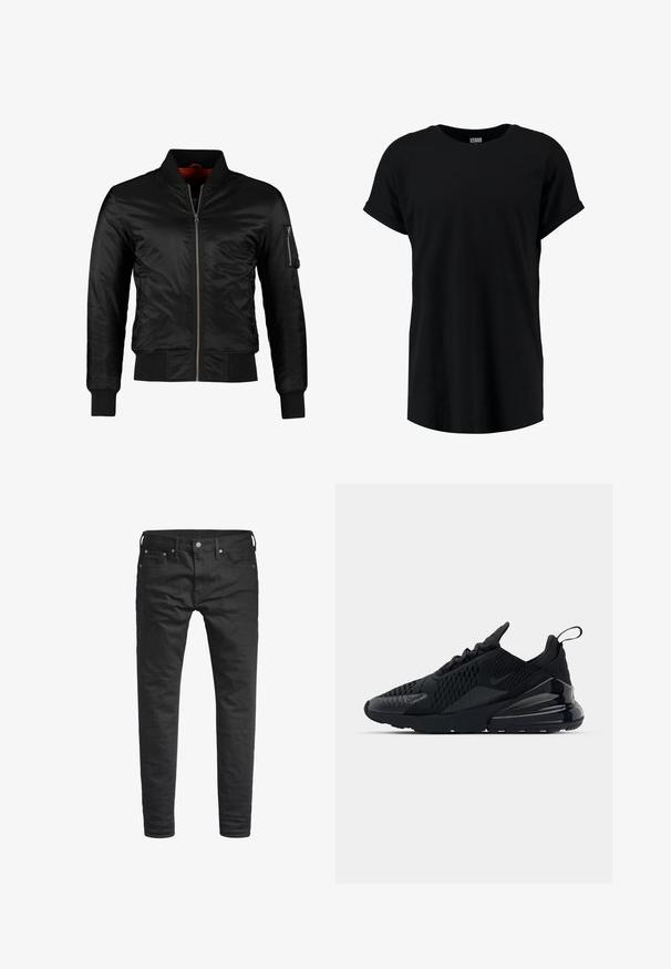 Schwarze Bomberjacke aus glänzendem Nylon mit einem Frontreißverschluss, gerippten Bündchen und einer Reißverschlusstasche am linken Ärmel. Das Innenfutter ist leuchtend rot.; Schwarzes T-Shirt mit kurzen Ärmeln im lässigen Schnitt. Aus weichem Stoff mit rundem Halsausschnitt und umgeschlagenen Ärmeln. Glatte Textur, ohne Muster.; Schwarze Slim-Fit-Jeans mit Fronttaschen, Gürtelschlaufen und einer Knopfverschluss, vor einem weißen Hintergrund präsentiert.; Schwarzer Nike Air Max 270 Sneaker mit strukturiertem Obermaterial, Mesh-Einsätzen und einer glänzenden Ferse mit einer auffälligen Luftpolsterungseinheit.