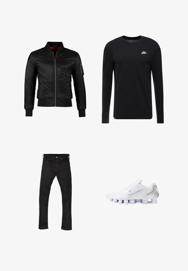 Schwarze Bomberjacke aus glänzendem Nylon mit einem Frontreißverschluss, gerippten Bündchen und einer Reißverschlusstasche am linken Ärmel. Das Innenfutter ist leuchtend rot.; Schwarzes Langarm-T-Shirt aus Baumwolle, mit Rundhalsausschnitt, gerippten Bündchen und kleinem weißen Nike-Logo auf der Brust.; Schwarze Denim-Jeans mit geradem Bein, im Fünf-Taschen-Stil und mit Metallknopfverschluss. Glatte Textur und einheitliche Farbe im gesamten Material.; Weiße Sportschuhe mit einer strukturierten Oberseite, einem silbernen Swoosh-Logo, Mesh-Einsätzen und einer markanten, segmentierten weißen Sohle.