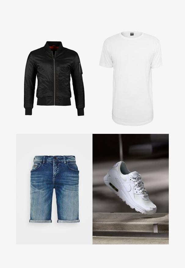 Chaqueta bomber negra hecha de nylon brillante con cierre frontal, puños acanalados y un bolsillo con cremallera en la manga izquierda. El interior es de un rojo brillante.; Camiseta blanca de manga corta hecha de algodón, con un cuello redondo clásico, un corte relajado y sin patrones ni logotipos visibles.; Shorts de mezclilla en azul medio con un acabado ligeramente desgastado. Presentan dobladillos doblados, diseño de cinco bolsillos y cierre de botón de metal.; Zapatilla Nike Air Max 90 blanca con parte superior de malla y cuero, caja de puntera perforada y unidad de aire visible en el talón.