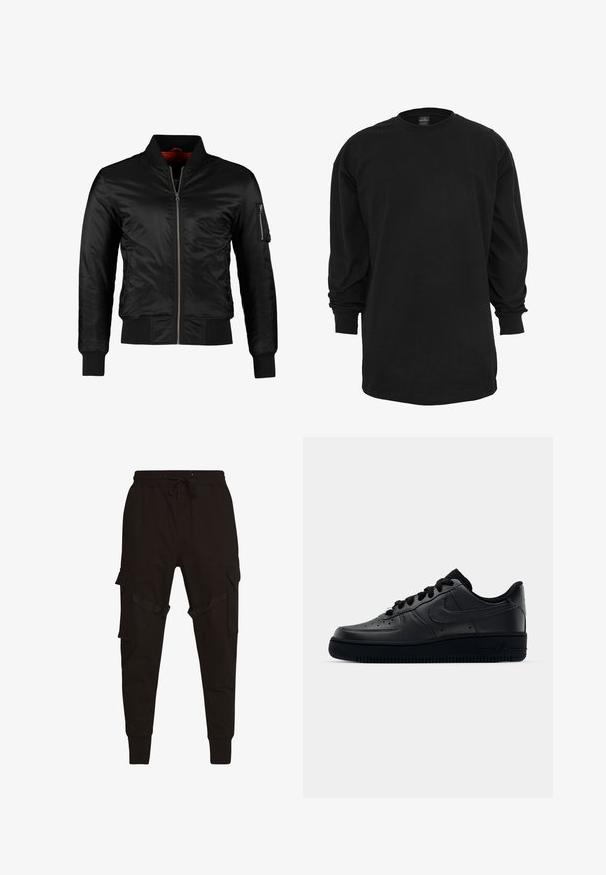 Veste bomber noire en nylon brillant avec une fermeture éclair à l'avant, des poignets côtelés et une poche zippée sur la manche gauche. L'intérieur est de couleur rouge vif.; T-shirt noir à manches longues en coton. Doté d'un col rond et d'une coupe régulière. Textile lisse sans motifs ni accents visibles.; Pantalons cargo noirs avec taille élastique à cordon, poches latérales et accents texturés sur les poches cargo et les sangles. Poignets ajustés aux chevilles.; Baskets Nike Air Force 1 noires avec un dessus en cuir lisse, bout perforé pour la respirabilité, lacets noirs et semelle en caoutchouc texturé.
