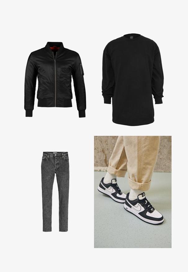 Schwarze Bomberjacke aus glänzendem Nylon mit einem Frontreißverschluss, gerippten Bündchen und einer Reißverschlusstasche am linken Ärmel. Das Innenfutter ist leuchtend rot.; Langärmliges schwarzes T-Shirt aus Baumwolle. Hat einen runden Ausschnitt und eine normale Passform. Glatte Textur ohne sichtbare Muster oder Akzente.; Jack & Jones Relaxed Fit JJICHRIS JJORIGINAL SQ 734 - Jeans Tapered Fit - black denim; Schwarz-weiße Nike Air Force 1 Sneaker mit einem Obermaterial aus Leder, perforierter Zehenpartie und strukturiertem Sohlendesign, getragen mit aufgerollten beigen Hosen und weißen Socken.
