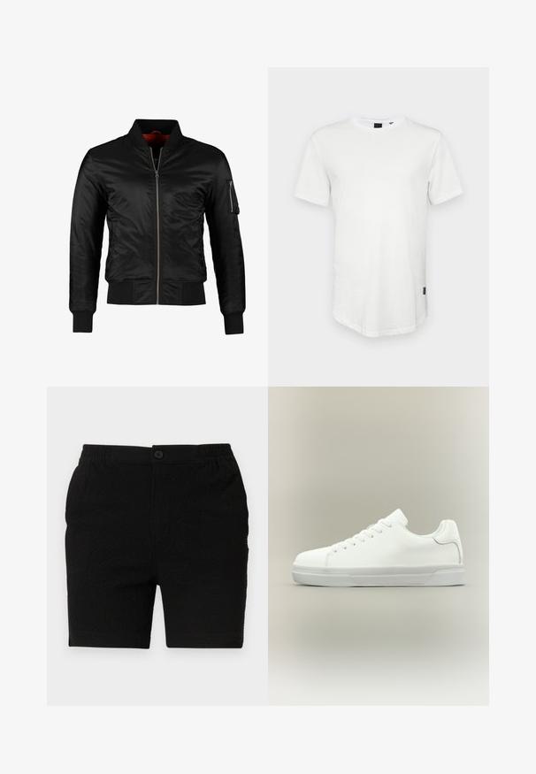 Schwarze Bomberjacke aus glänzendem Nylon mit einem Frontreißverschluss, gerippten Bündchen und einer Reißverschlusstasche am linken Ärmel. Das Innenfutter ist leuchtend rot.; Weißes T-Shirt mit kurzen Ärmeln aus Baumwolle, mit Rundhalsausschnitt und einem leicht verlängerten Rückenteil, sowie einem kleinen Logo-Akzent an der Seite.; Schwarze Shorts aus einem strukturierten Stoff, mit elastischem Bund und einem einzelnen Knopfverschluss. Für die Freizeit gestaltet, mit geradem Schnitt.; Weißer Sneaker in niedriger Schnittform mit Schnürung vorne, gepolstertem Kragen und strukturiertem Gummisohle, seitlich auf neutralem Hintergrund dargestellt.