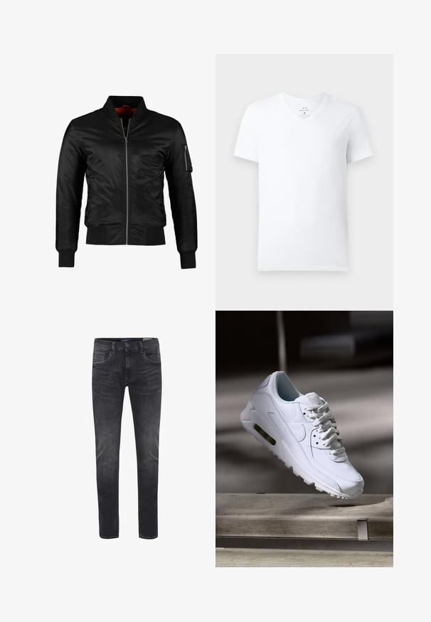 Sort bomberjakke lavet af skinnende nylon med frontlynlås, ribbede manchetter og en lynlåslomme på venstre ærme. Indersiden er lys rød.; Hvid bomulds T-shirt med korte ærmer og V-hals, med Armani Exchange label indeni kraven, vist på en ensfarvet baggrund.; Smal pasform herre mørkegrå vaskede jeans med for- og baglommer, knaplukning og bæltestropper.; Hvide lædersneakers med teksturerede overflader, polstret krave og synlig luftpolstring i sålen. Har snørrebånd og et minimalistisk design.