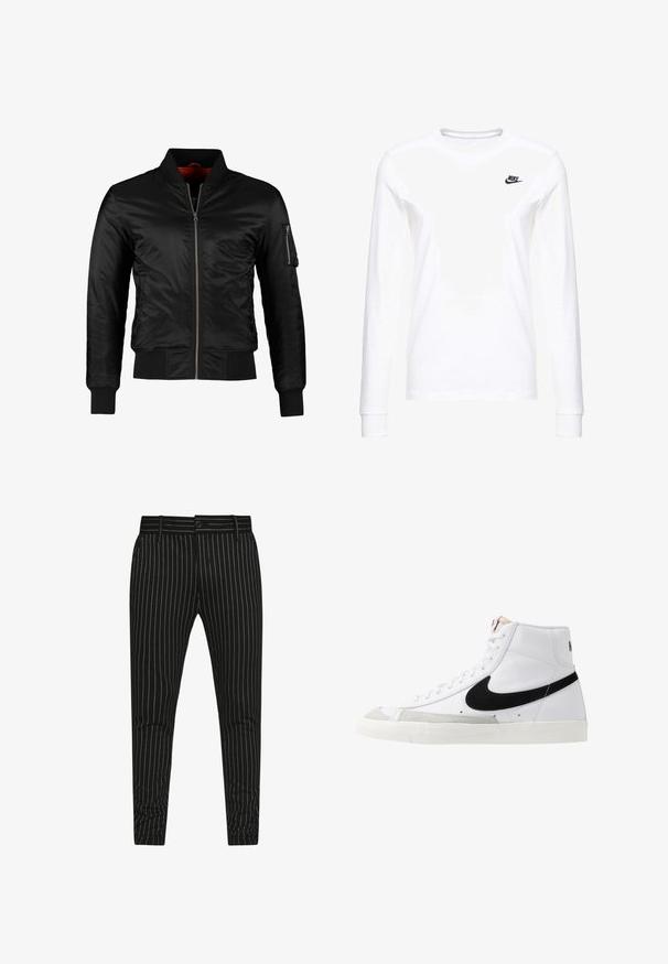 Veste bomber noire en nylon brillant avec une fermeture éclair à l'avant, des poignets côtelés et une poche zippée sur la manche gauche. L'intérieur est de couleur rouge vif.; T-shirt blanc à manches longues en coton, arborant un petit logo noir de Nike sur la poitrine gauche et un col rond. Texture lisse.; Pantalons rayés noirs avec des fines rayures blanches verticales, une coupe slim, et une fermeture à bouton avec passants de ceinture pour un ajustement réglable.; Baskets montantes blanches avec un swoosh noir, un capuchon de pied texturé gris et une semelle plate blanche. Elles possèdent six œillets et des accents cousus.